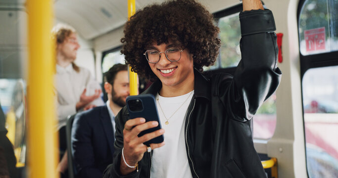 Cellphone, happy and man on bus online for checking university exam results on mobile app with travel. Phone, college and male student reading acceptance email on public transportation in city.
