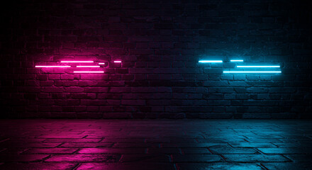 Vibrant Neon Lights Glow on Brick Wall Cyberpunk Aesthetic Pink Blue Glowing Lines Dark Room