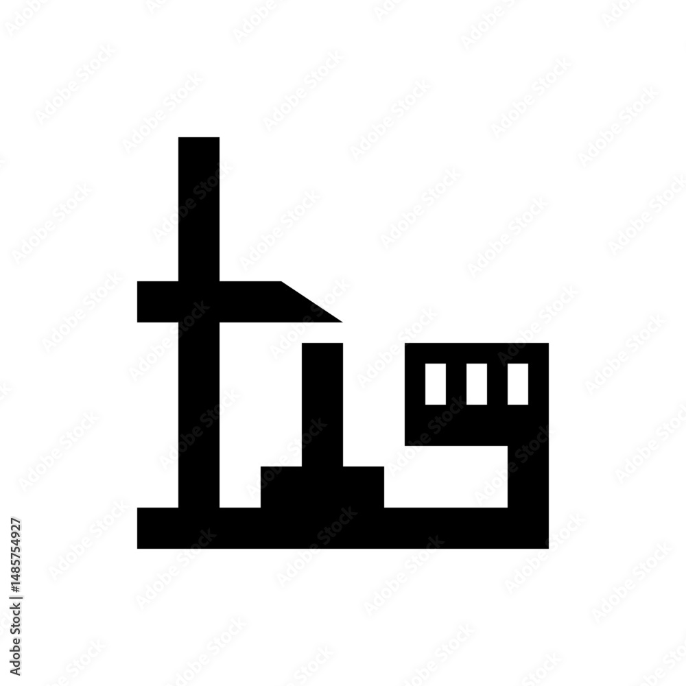 Poster abstract black geometric shape featuring vertical lines and rectangular structures on a white backgr