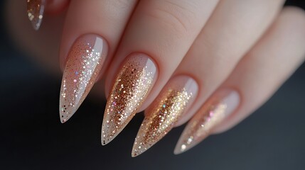 Stiletto Nails With A Touch Of Sophistication, Designer Stiletto Glitter Nail Art, gold, pink and glitter nails 