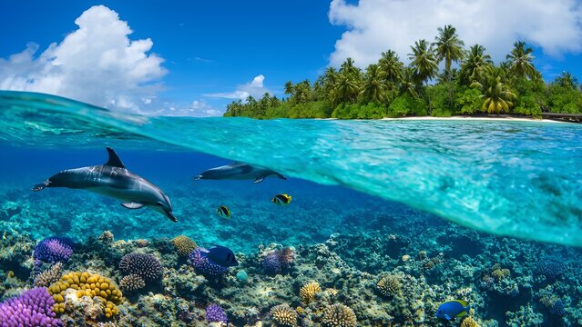 A vibrant split-level image showing dolphins swimming in clear turquoise water above a colorful coral reef with tropical fish and a lush island in the background.