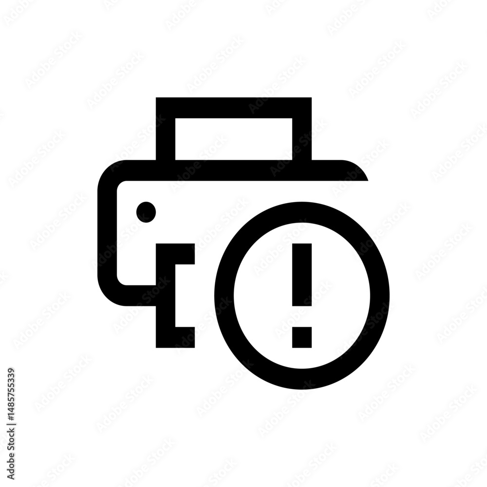 Poster icon of a printer with an exclamation mark indicating an error or problem with the printing device d