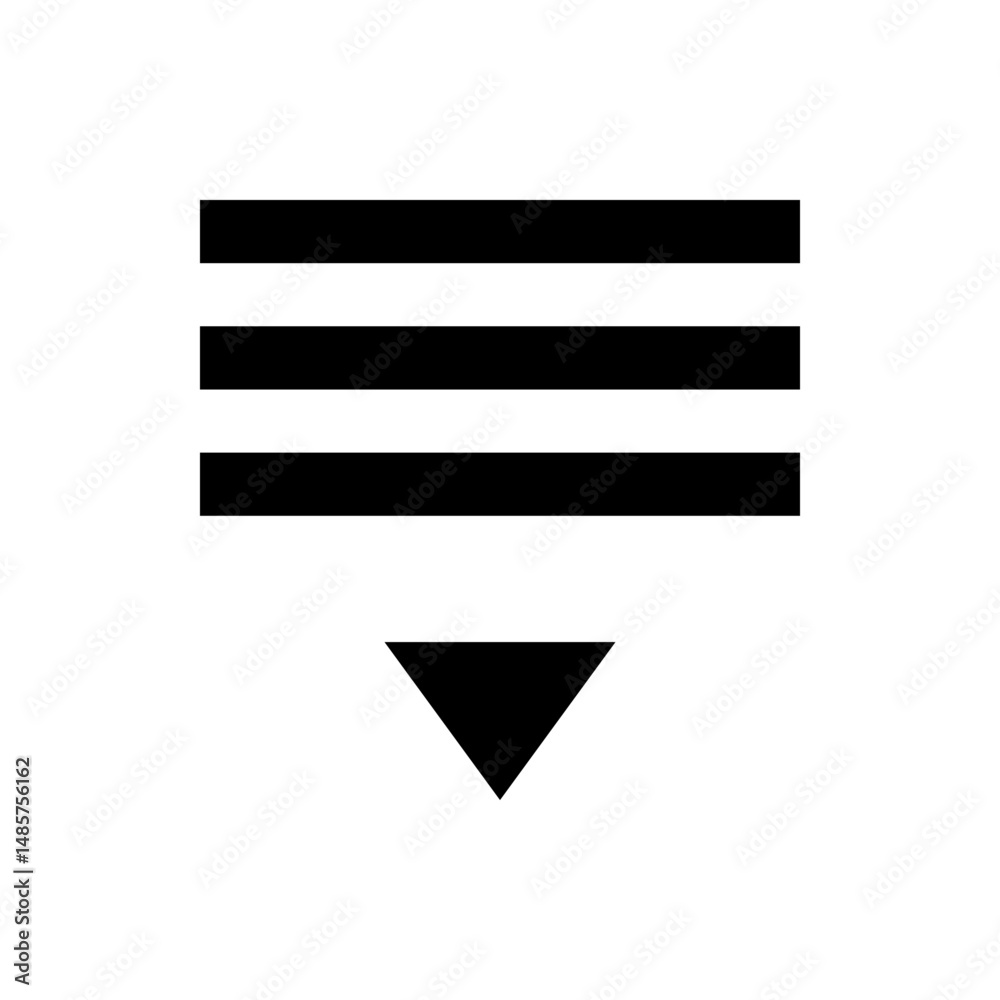 Poster three horizontal lines stacked above a downward pointing triangle on a white background in simple bl