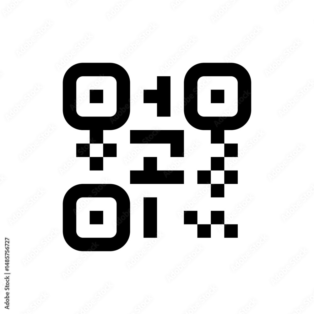 Poster illustration of a qr code with square elements and a black and white color scheme on a white backgro