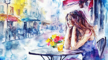 A dreamy watercolor scene of a young woman lost in thought at a café table, surrounded by vibrant flowers.
