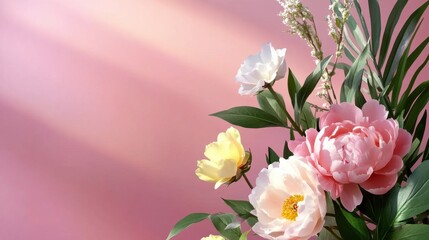 Spring flower composition with peonies and roses on pastel pink flat background