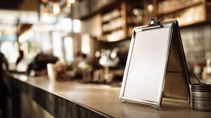 white menu mockup standing near cashier counter in casual restaurant