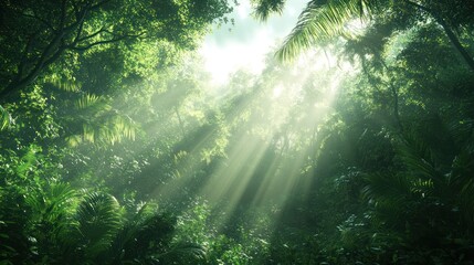 Fototapeta premium Sunlight streams through lush jungle canopy. Potential stock photo use