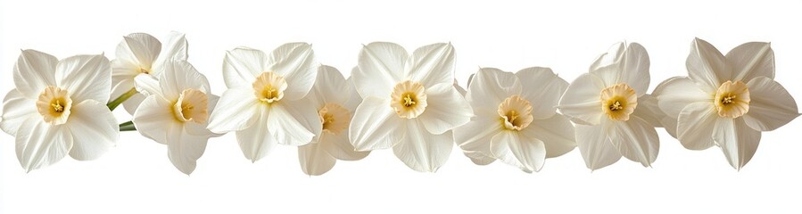 Fototapeta premium Row of elegant white daffodil flowers with pale yellow centers arranged in a line on white background expressing purity and calmness