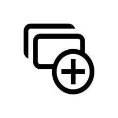 Illustration of stacked rectangles with rounded corners and a plus sign in a circle overlaying them