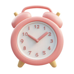 Rendered image of a small, pink alarm clock with simple white numbers.  The design is eye-catching and has a cheerful aesthetic.