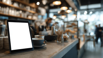 blank white tablet screen used as digital menu on modern fast food counter