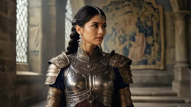 Strong Indian female warrior dressed in ornate armor gazes ahead in a stone castle interior. Concept of leadership, courage, and cultural pride.