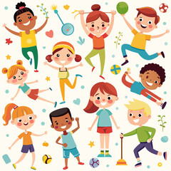 Diverse children engaged in various playful activities, showcasing joyful expressions and dynamic poses