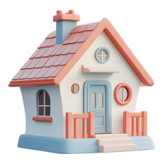 Three-dimensional rendering of a charming, small cottage.  Soft pastel colors are used in the design, creating a friendly and inviting aesthetic.