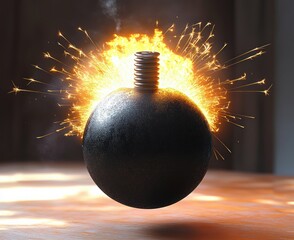 Black spherical bomb with a lit fuse sparking intensely on a wooden surface, creating a dramatic explosive effect