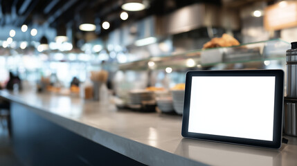 blank white tablet screen used as digital menu on modern fast food counter