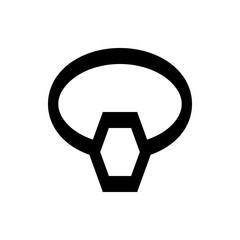 A black line drawing of an oval shape connected to a hexagon shape in the center on a white background