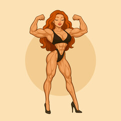 Stylized Illustration of a Muscular Female Bodybuilder Posing
