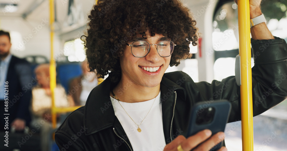 Poster phone, smile and man on bus online for checking university exam results on mobile app with travel. c