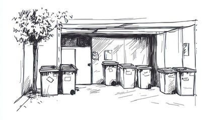 Fototapeta premium Sketch of urban street scene with garbage cans