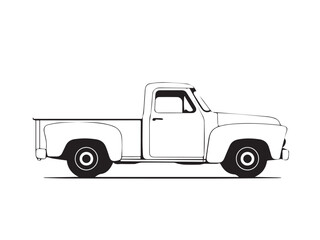 Silhouette of old pickup truck. Black silhouette of a pickup truck isolated on white background. Vector silhouette.	
