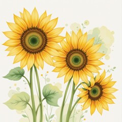 Obraz premium a soft focus watercolor view of sunflowers, in a delicate watercolor style, with golden yellow and sage green shades, on textured paper, airy washes, diffused contours, serene feel