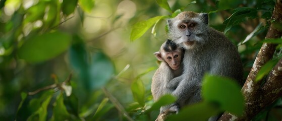 Obraz premium Mother monkey and baby monkey in the jungle