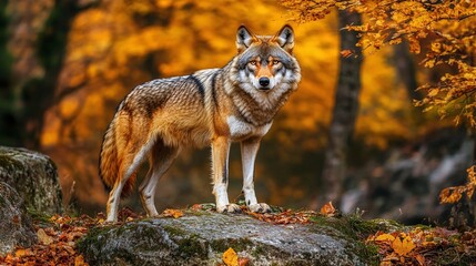 Obraz premium Majestic wolf standing proud amidst autumn foliage.