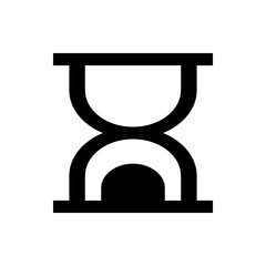Illustration of an hourglass with a black base and top and a black filled bottom section on a white background