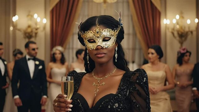 An elegant African American woman in a gold mask and black evening gown holds a champagne glass at a grand masquerade ball. Concept of luxury, celebration, and mystery in high society.