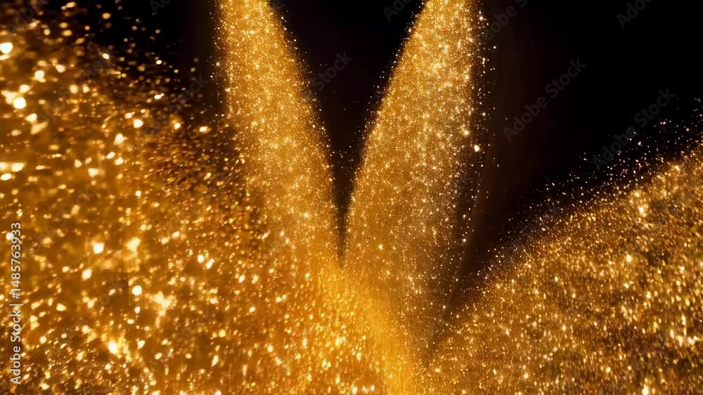 Sticker abstract shimmering gold glitter particles cascading downwards in a dynamic and vibrant explosion on