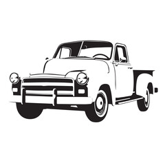 Silhouette of old pickup truck. Black silhouette of a pickup truck isolated on white background. Vector silhouette.	
