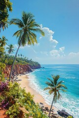 Sunny tropical beach with palm trees, rocky cliffside, clear blue ocean waves, and bright sky with white clouds evoking a peaceful and relaxing atmosphere