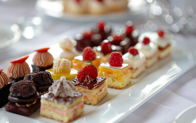 Elegant platter of assorted mini pastries and cakes topped with fresh fruit. Perfect for tea time or events.