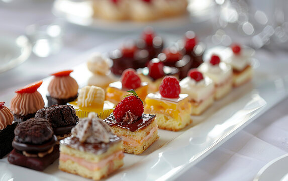 Elegant platter of assorted mini pastries and cakes topped with fresh fruit. Perfect for tea time or events.