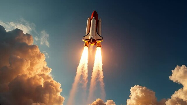Epic liftoff moment of space shuttle with booster rockets igniting, producing intense orange exhaust plumes. Dramatic aerospace footage ideal for educational content about space exploration technology