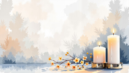 Delicate watercolor white candles in metallic candleholders with soft blooms in serene setting, Concept of wedding, Watercolor style, copy space for text  