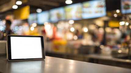 blank white tablet screen used as digital menu on modern fast food counter
