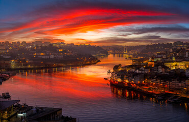 Naklejka premium Landscape with Porto and Douro River at sunset, Portugal