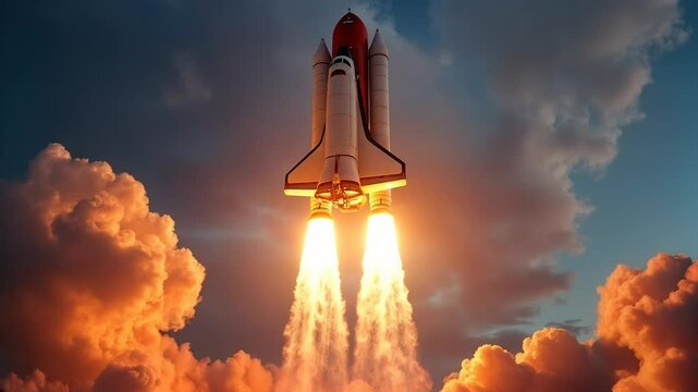Space shuttle blasting off with powerful rocket boosters creating dramatic orange exhaust clouds. Dynamic aerospace footage capturing the majestic moment of liftoff against blue sky background.