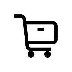 A simple black outline of a shopping cart with two wheels and a minus sign inside the cart body icon