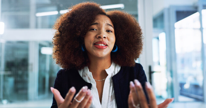 Business, video call and woman with pov, conversation or online meeting with presentation for onboarding. African person, employee or professional with webinar, talk or virtual seminar for investment