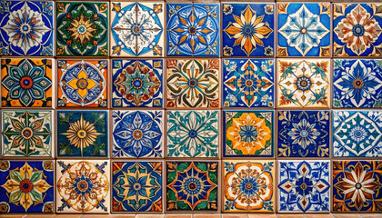 a row of colorful tiles arranged in patterns on a tiled surface