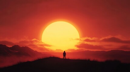 Majestic Sunset Silhouette: A Solitary Figure Contemplates the Fiery Horizon