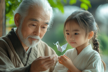 Fototapeta premium Old man and little girl admiring paper airplane.