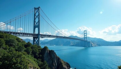 Obraz premium Sky blue suspension bridge soaring over a dramatic landscape Perfect for travel, infrastructure, or nature projects , hills, impressive