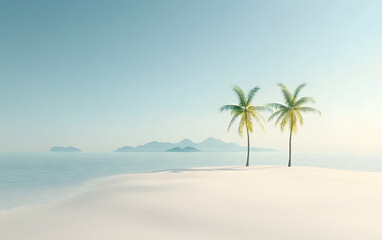 Obraz premium an empty and clean beach with three short and small coconut trees in the very distance and very far away,