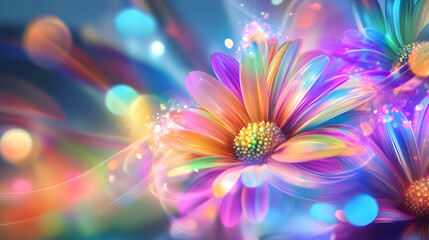 Obraz premium Two colorful gerbera daisies shine brightly with bokeh and light trails. The flowers glow