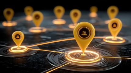 Cluster of yellow pin markers indicating data points on usa map for crypto-led remittance mapping conceptualization